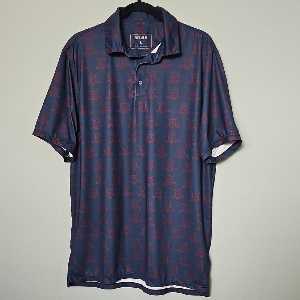Sosik Men's Patterned Skull and Golf Polo Shirt - Navy and Red Large